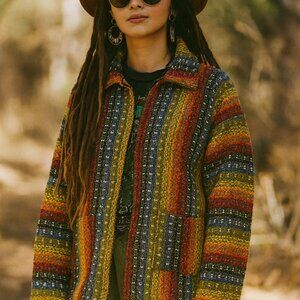 Vintage Rainbow Wool Knit Stripe Groovy Hippie Boho Cardigan Outerwear Jacket